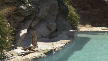 Seasonal outdoor pool, pool loungers