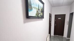 A hallway with a framed painting, a radiator, and a door.