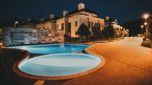 Una piscina de diseño curvo, un sendero empedrado y un edificio al fondo.