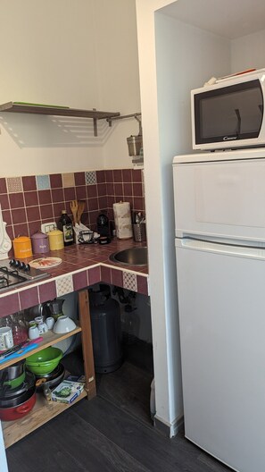 Fridge, microwave, stovetop, coffee/tea maker