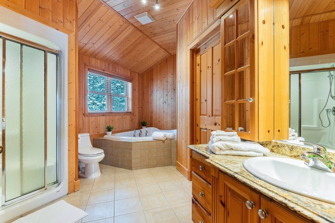 Een houten badkamer in een vakantiehuisje, met een toilet, bad en grote spiegel.