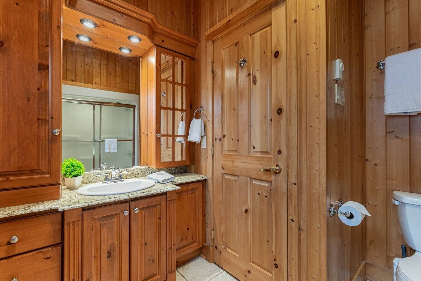 Ein Badezimmer aus Holz mit Waschbecken, Spiegel und Toilette.