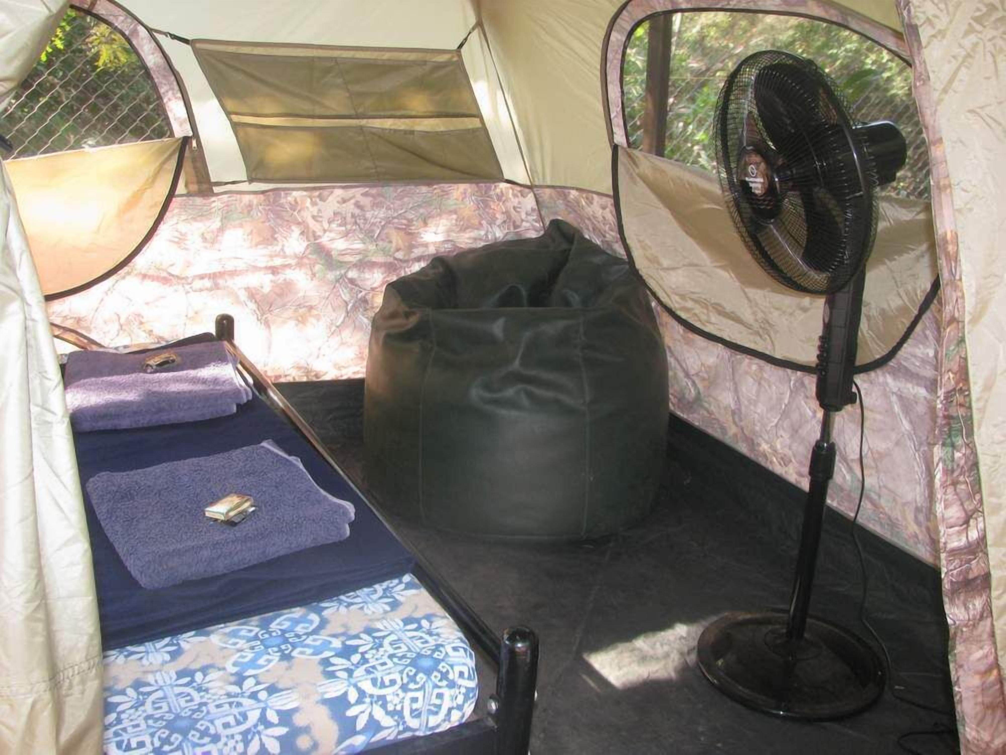 A compact tent with a bed, a bean bag, and a standing fan.