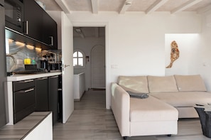 Une cuisine moderne avec des meubles de couleur sombre, un plan de travail et un évier. Le salon est agrémenté d’un canapé beige et d’un élément décoratif mural.