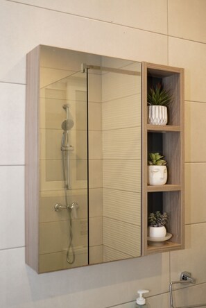 Dusche, Haartrockner, Handtücher, Seife
