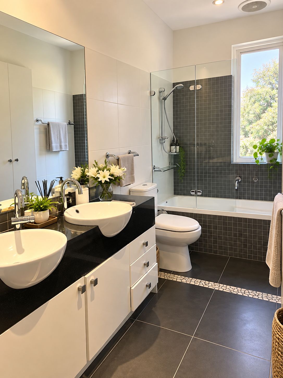 A modern bathroom with two sinks, a toilet, and a bathtub.