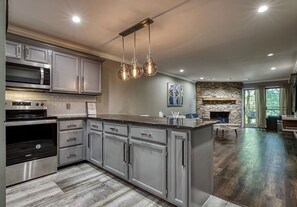 Fridge, microwave, dishwasher, coffee/tea maker