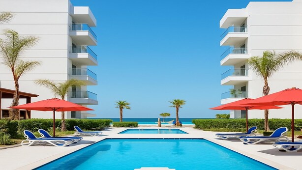 Un hôtel moderne doté d’une piscine, de parasols rouges et de palmiers.