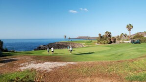Un parcours de golf offrant une vue sur l’océan et les palmiers.