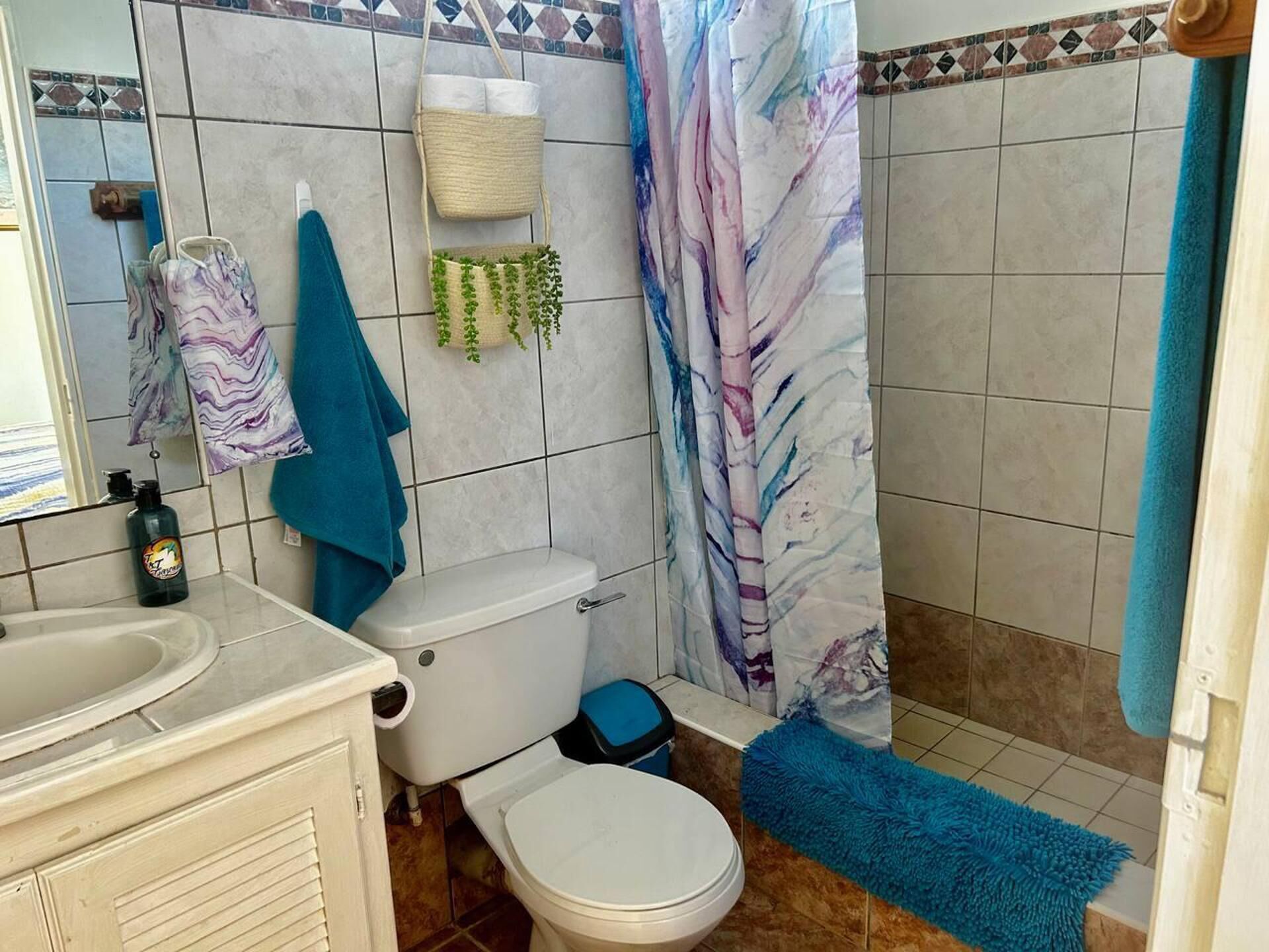 A bathroom with a toilet, sink, and shower curtain.