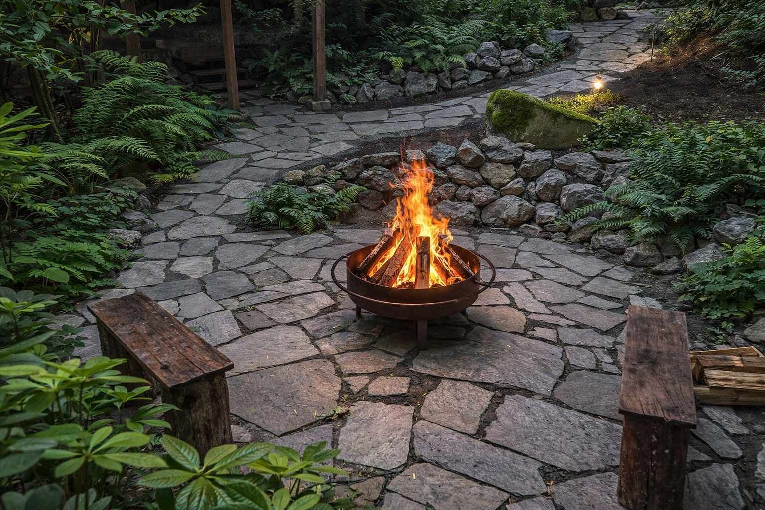 A stone-paved outdoor area with a central fire pit.