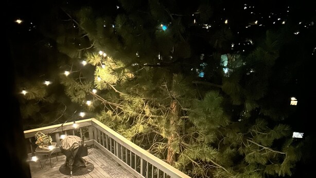 Una terraza de madera con mobiliario exterior, incluyendo una mesa redonda y sillas, rodeada de árboles e iluminada con luces colgantes.