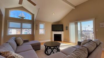 TV, fireplace, table tennis, books