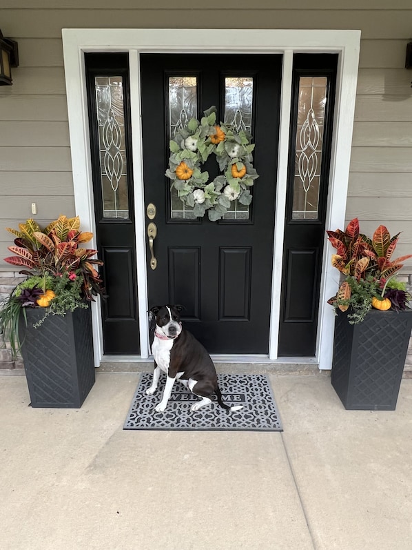 Welcome to a charming entrance, complete with a beautiful wreath and lush greenery.