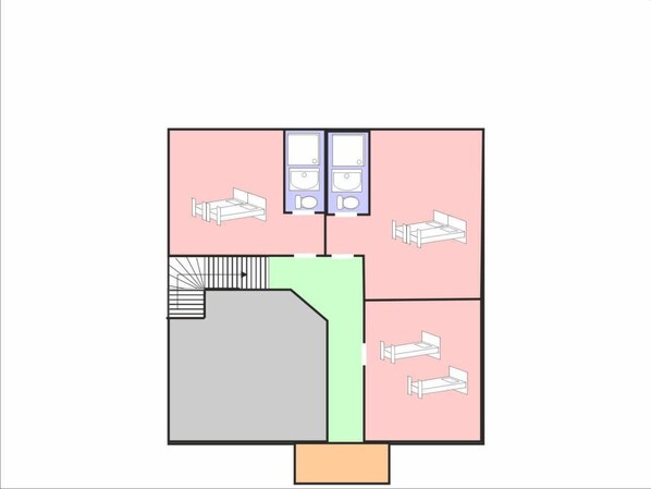 A hotel layout with a central staircase, a reception area, and multiple rooms.