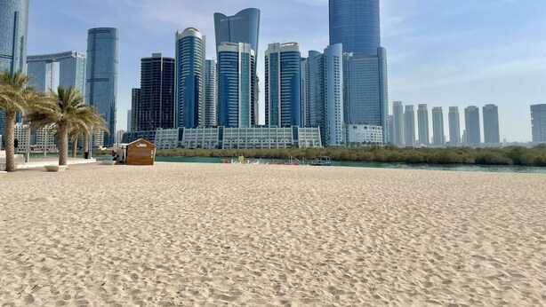 Een zandstrand met palmbomen en een stadsachtergrond.