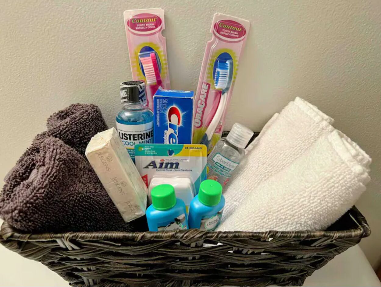 Eco-friendly toiletries, hair dryer, towels, soap