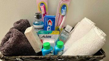 Eco-friendly toiletries, hair dryer, towels, soap