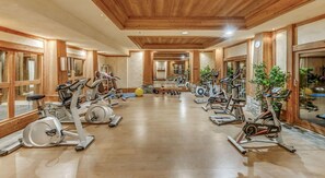 A gym with multiple exercise machines, wooden walls, and large windows. - 2nd floor, fitness, swimming pool, sauna, hammam, terrace, parking, tv, 58m², Champagny-en-Vanoise (Champagny-en-Vanoise)