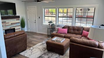 Smart TV, fireplace, books