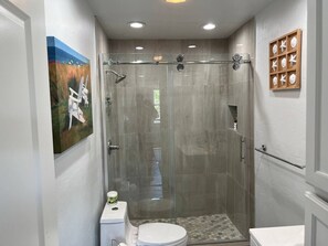 Shower, hair dryer, towels