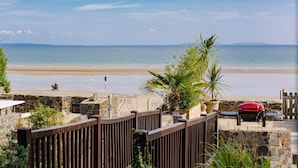 A beach view with a wooden fence, a red barbecue grill, and a palm tree.