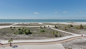 Een kustlandschap met een zandstrand, palmbomen en een helderblauwe lucht.