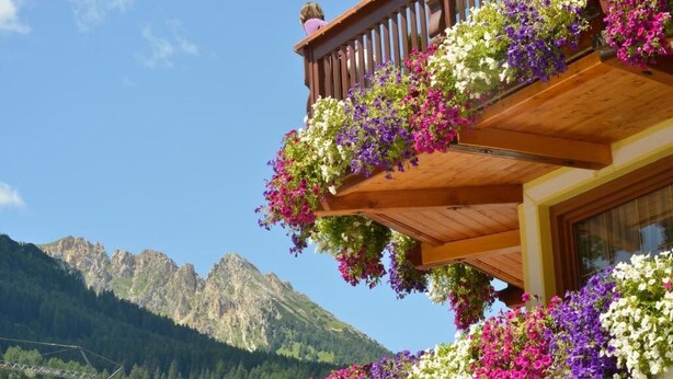 A wooden balcony with hanging flower baskets against a mountain backdrop. - Hotel Alle Alpi (Moena)