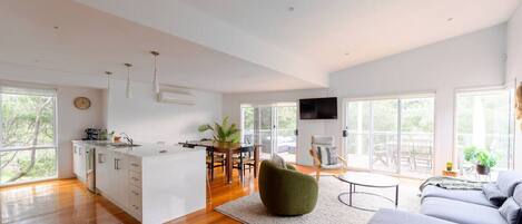 Smart TV, caminetto, impianto stereo, monitor per computer