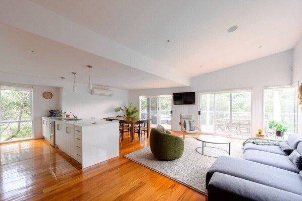 Smart TV, fireplace, stereo, computer monitors