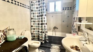 Hair dryer, towels, soap, toilet paper