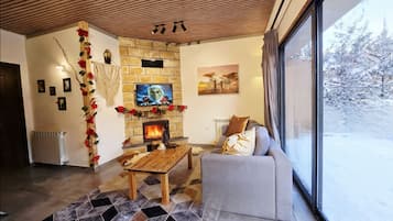 Een televisie en een open haard