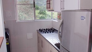 Eine kompakte Küche mit Gasherd, Kühlschrank und einem Fenster mit Blick ins Freie.