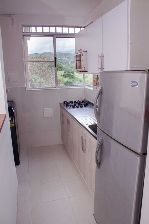 Una cocina compacta con estufa a gas, refrigerador y ventana con vistas al exterior.
