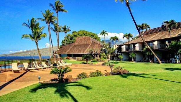 Un resort con piscina, palmeras y vista al océano.