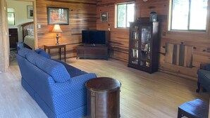 Un interior acogedor de cabaña con piso de madera, un sofá azul estampado, un televisor, un mueble con libros y una lámpara.