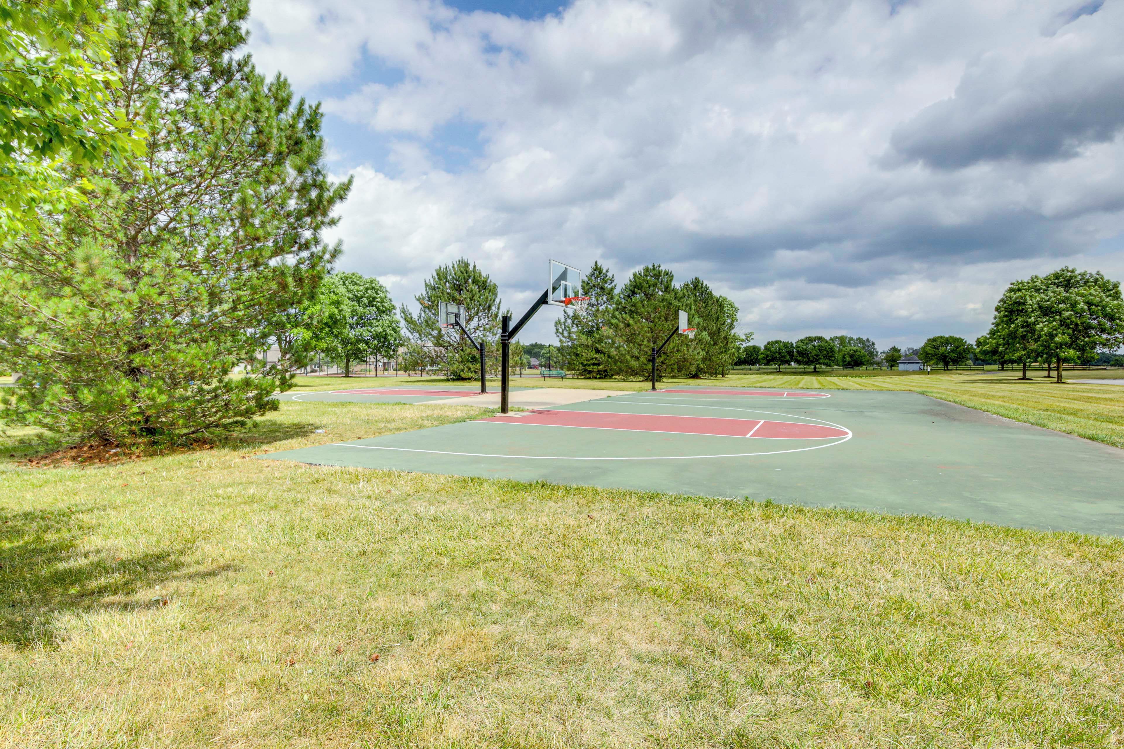 An outdoor basketball court with a green playing surface, surrounded by grass and trees.