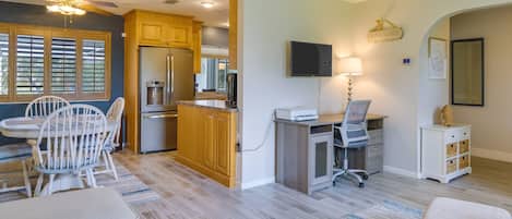 TV, fireplace, books