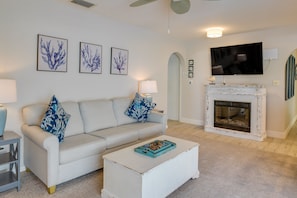 TV, fireplace, books