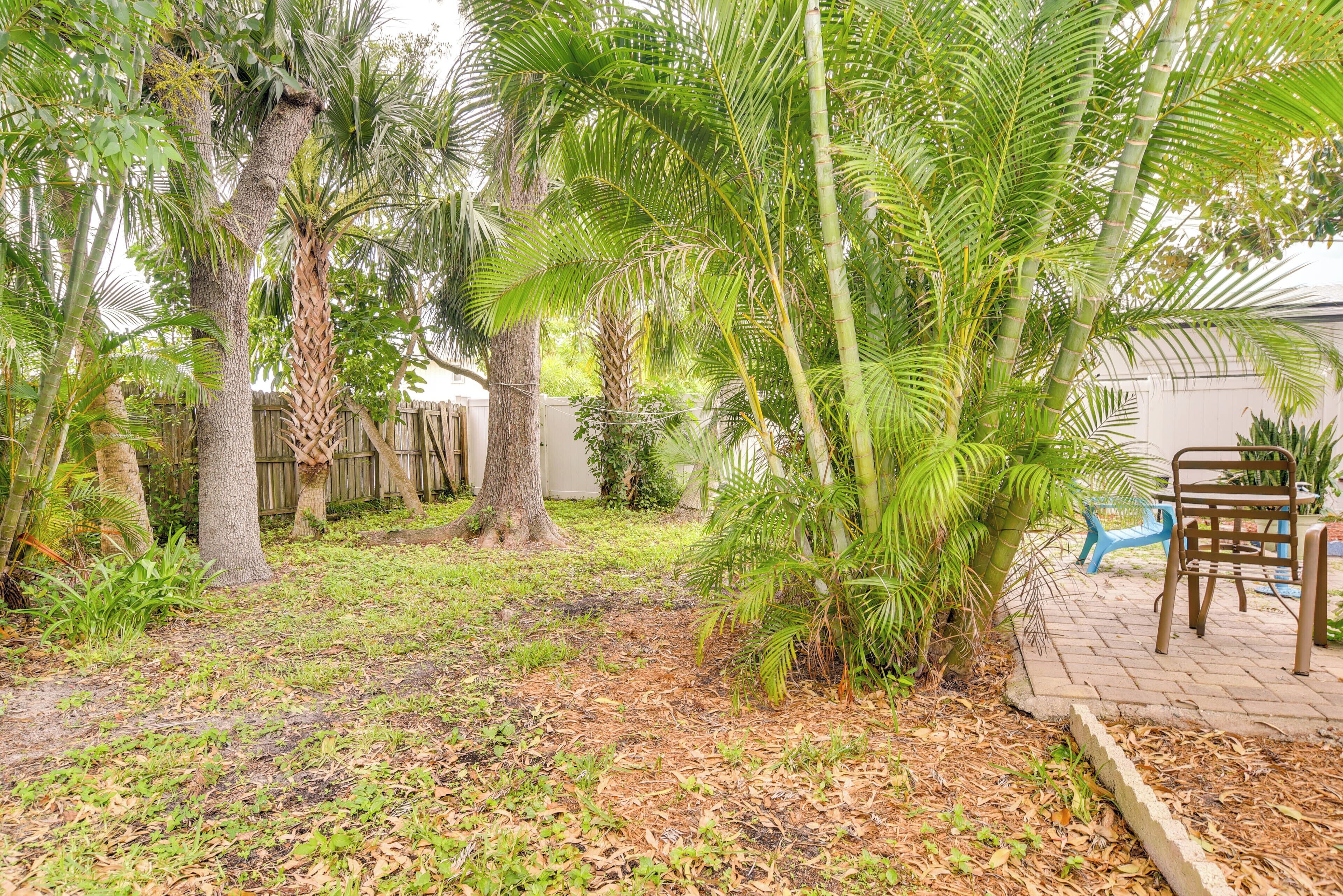 A backyard with a wooden fence, a palm tree, and a patio area with a chair and table.