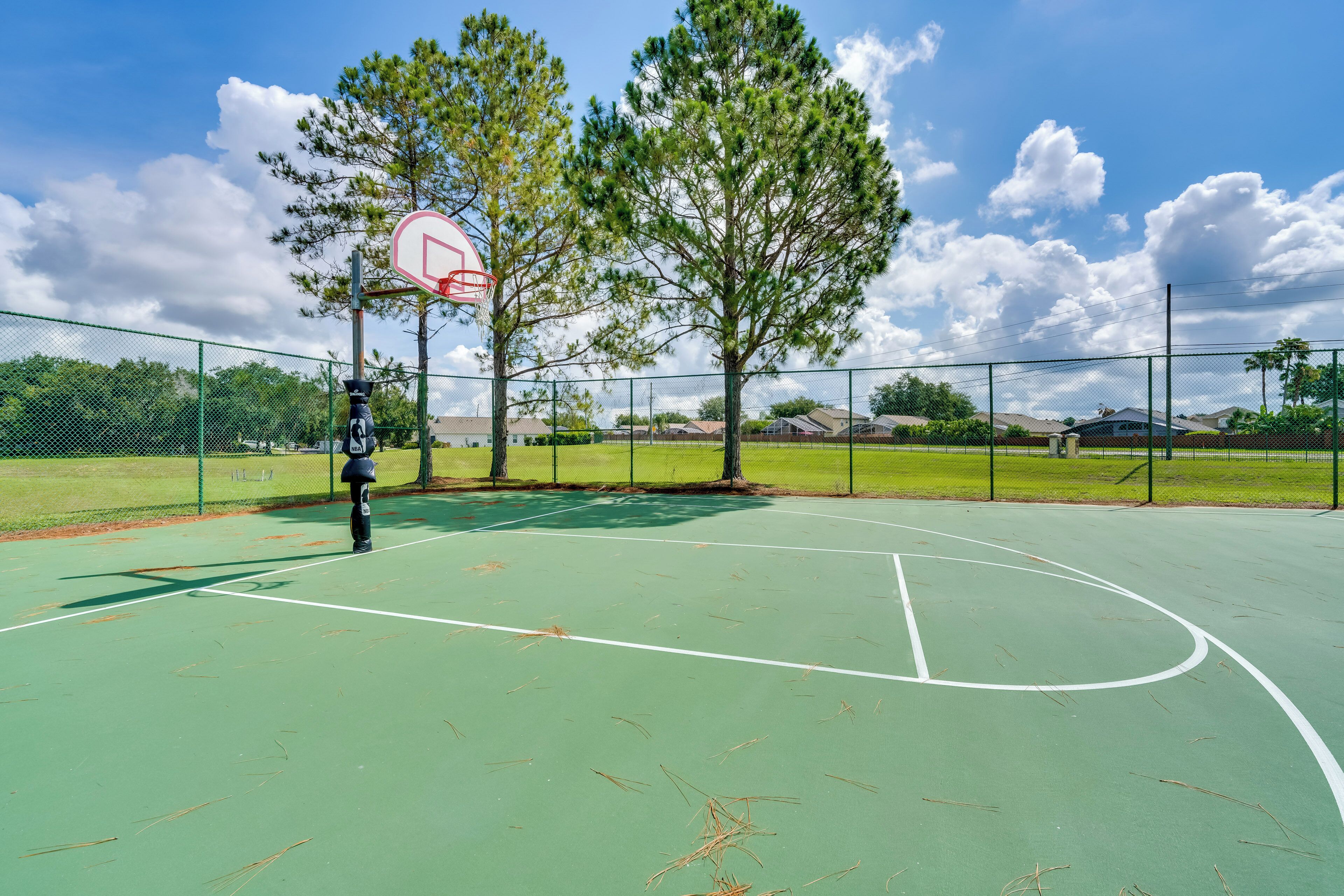 Een buitenbasketbalveld met een groene ondergrond, een basketbalring en een hek van gaas.