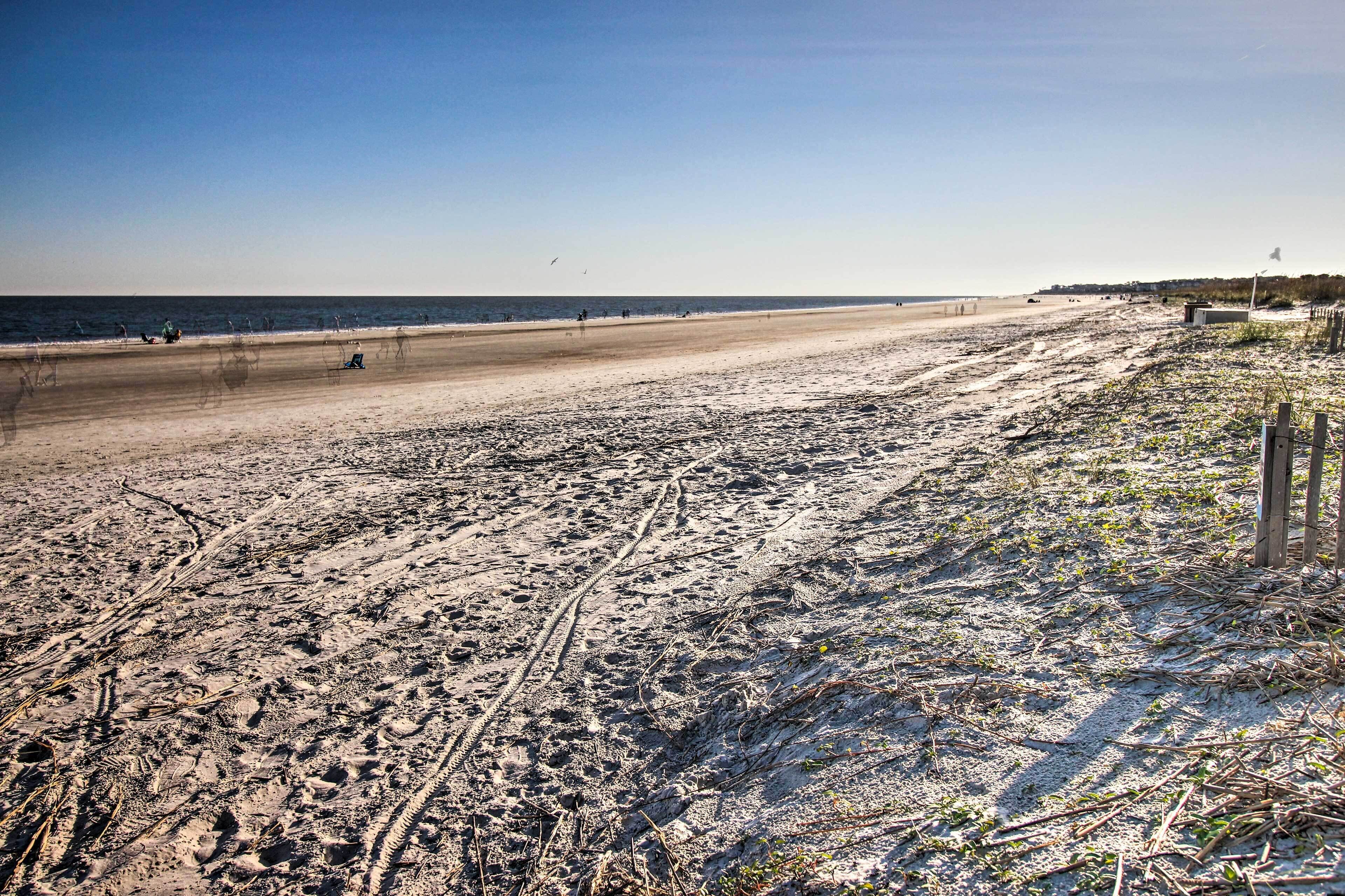 A beach with visible tire tracks and sparse vegetation.