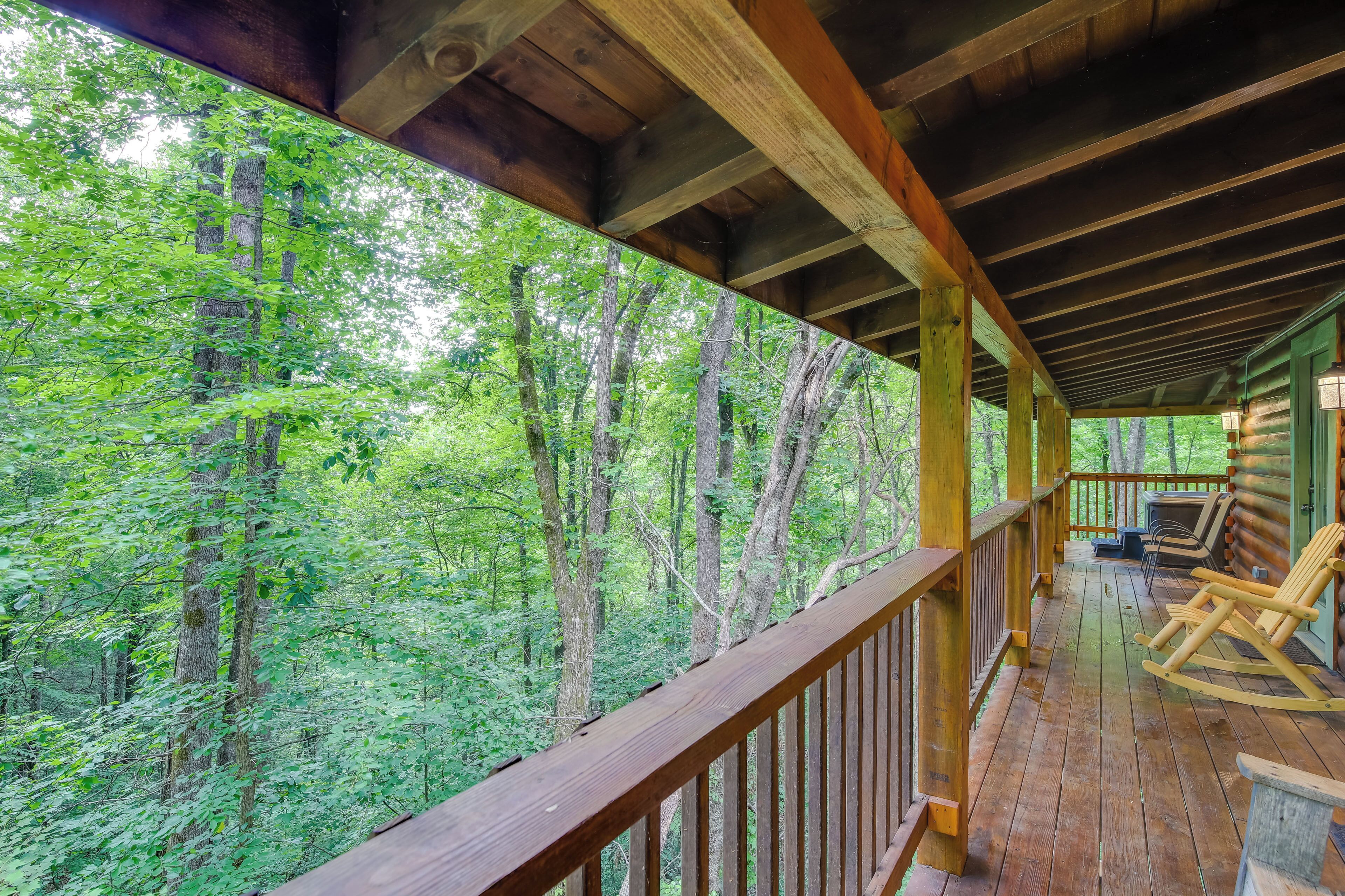 Um deck de madeira com vista para uma floresta.