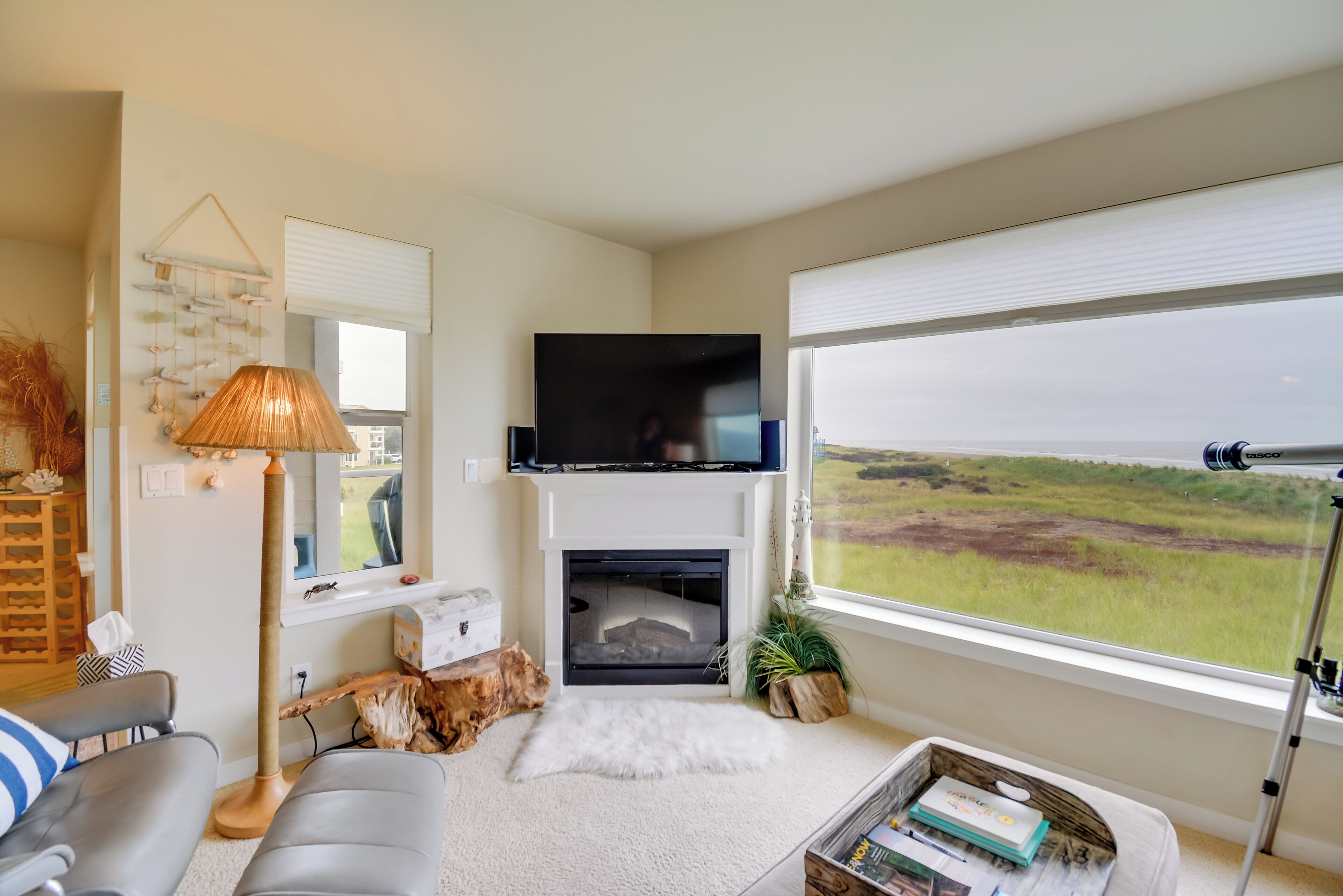 A living room with a fireplace, a large window with a view of the countryside, a sofa, a lamp, and a television.