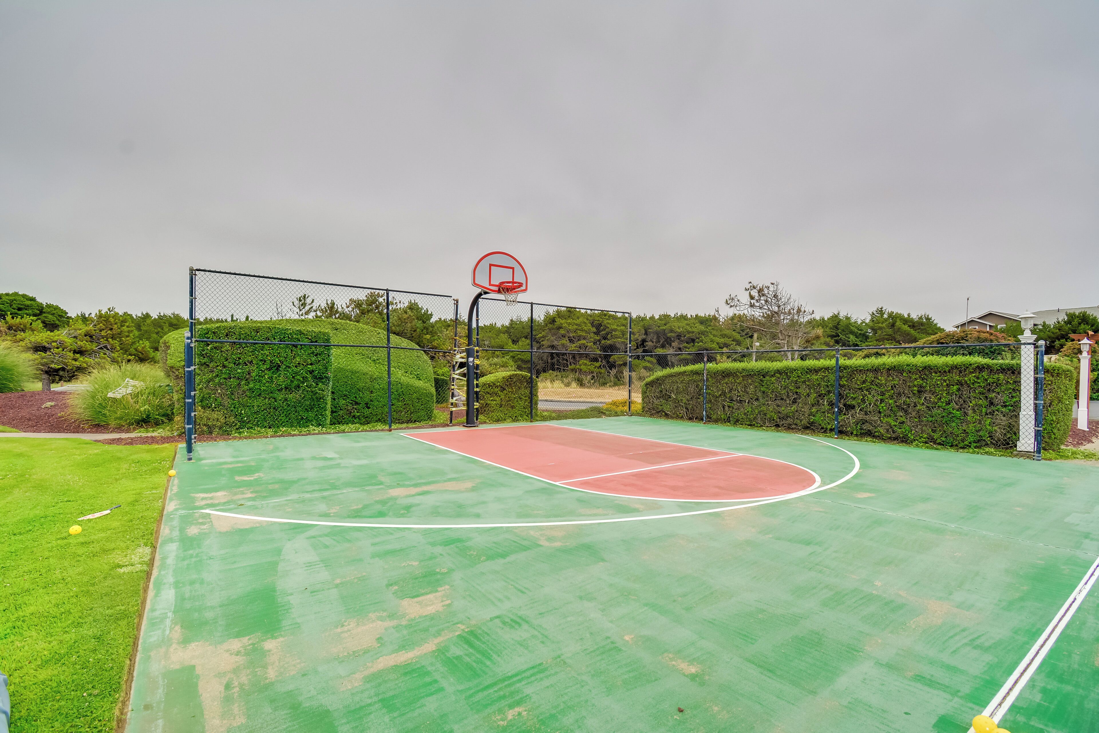 Een buitenbasketbalveld met een net, omringd door een hek en begroeiing.