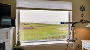 A room with a large window, a telescope, a television, and a fireplace.