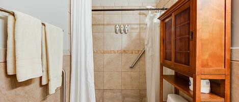 A bathroom with a shower, toilet, and a wooden cabinet.