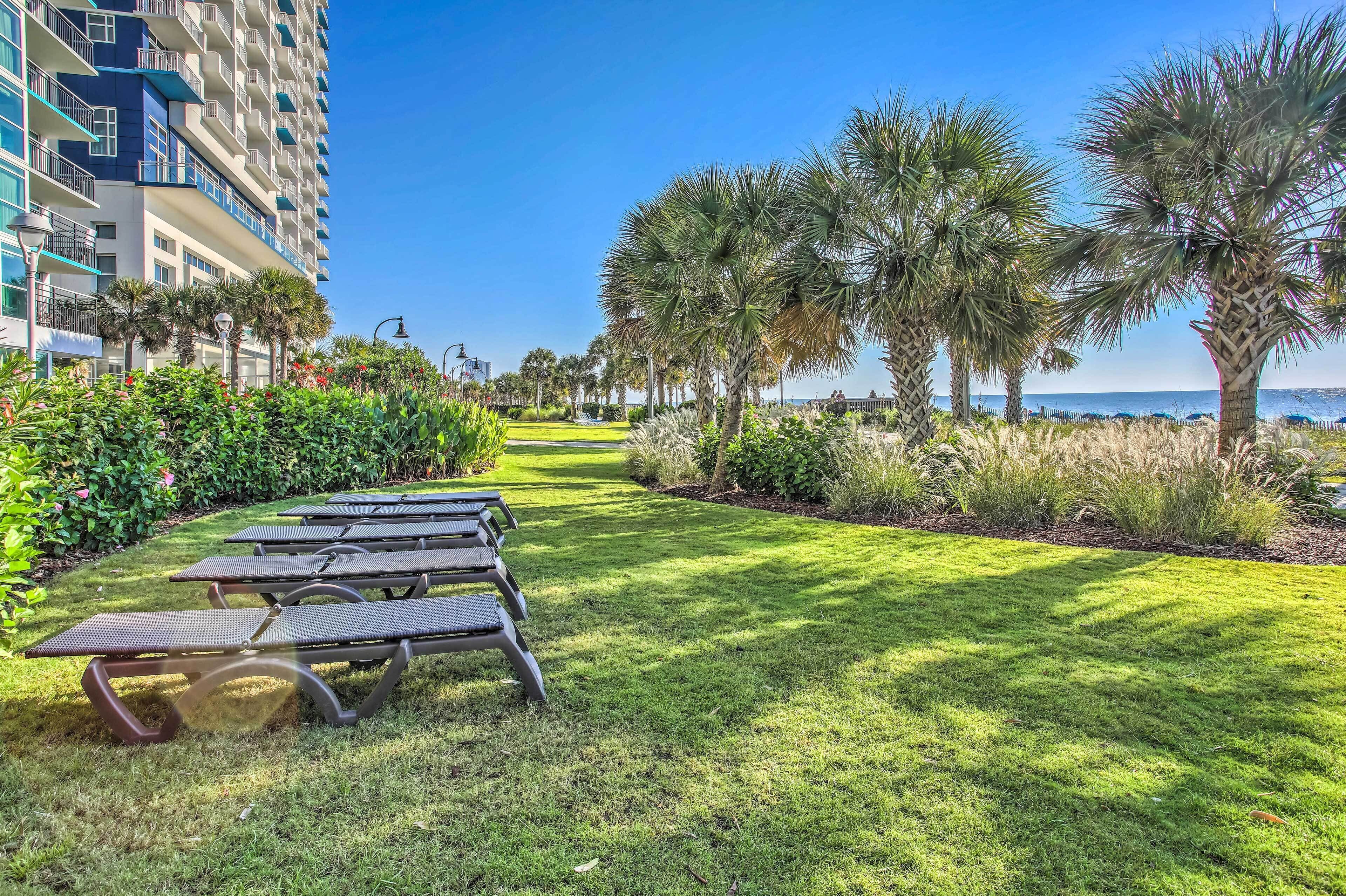 A well-maintained grassy area with picnic tables and palm trees, overlooking a body of water and a high-rise building.