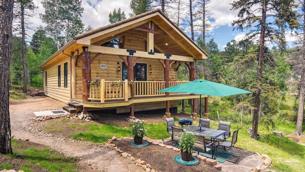 Una cabaña de troncos con un porche, mobiliario exterior y un jardín.