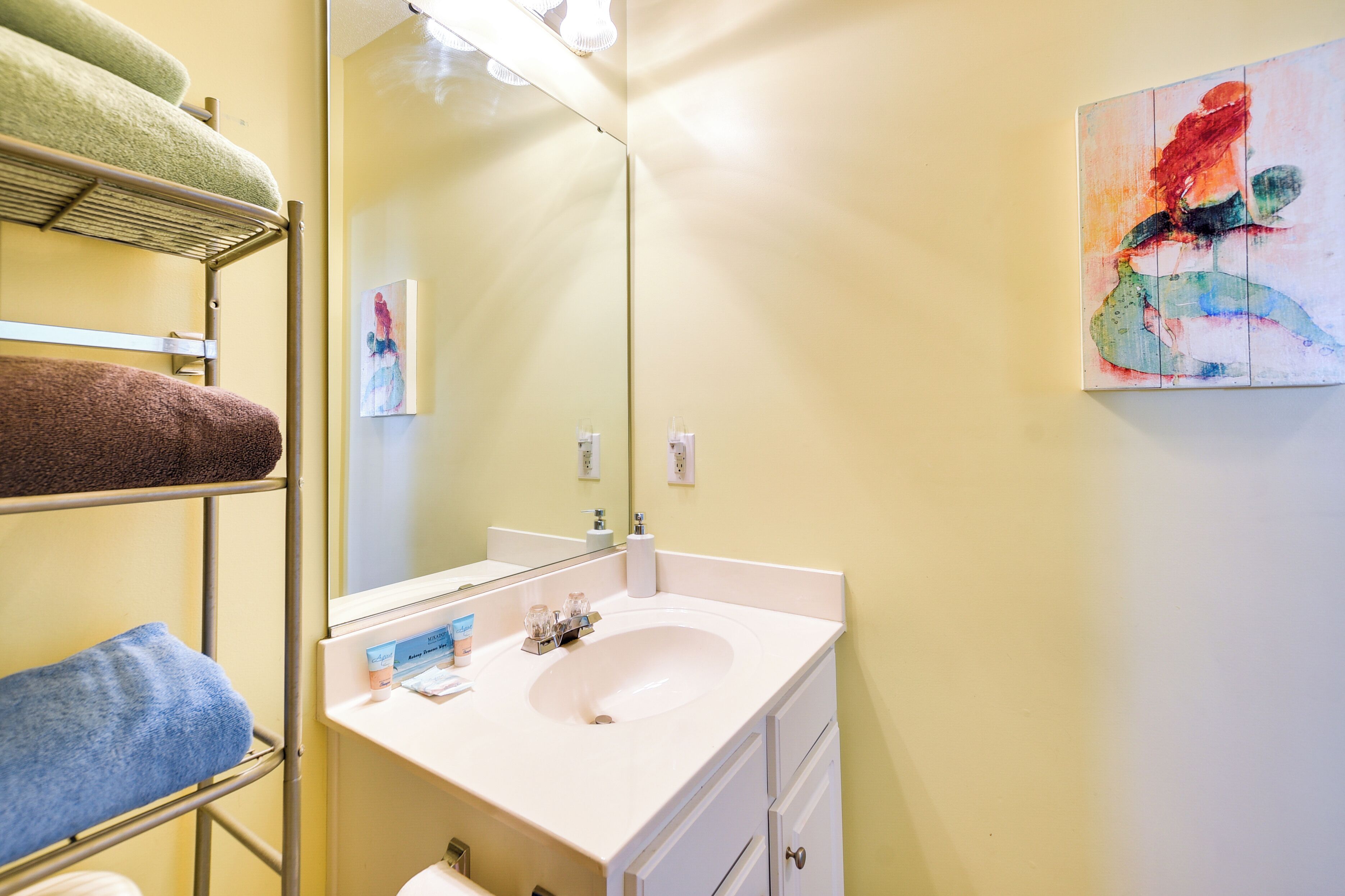 A bathroom with a sink, mirror, towel rack, and a painting on the wall.
